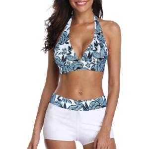 imageZando Womens Two Piece Halter Swimsuit Athletic Push Up Bikini Set Swimwear with Boyshorts Sporty V Neck Bathing SuitA Leaf White