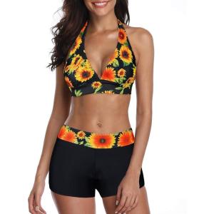 imageZando Womens Two Piece Halter Swimsuit Athletic Push Up Bikini Set Swimwear with Boyshorts Sporty V Neck Bathing SuitB 2 Piece Sunflower