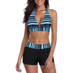 imageZando Womens Two Piece Halter Swimsuit Athletic Push Up Bikini Set Swimwear with Boyshorts Sporty V Neck Bathing SuitB Black Blue Stripe