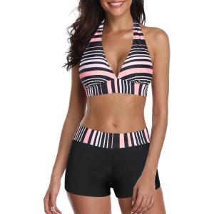 imageZando Womens Two Piece Halter Swimsuit Athletic Push Up Bikini Set Swimwear with Boyshorts Sporty V Neck Bathing SuitB Cute Stripe