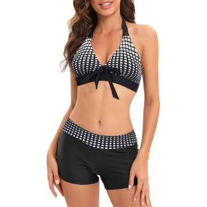 imageZando Womens Two Piece Halter Swimsuit Athletic Push Up Bikini Set Swimwear with Boyshorts Sporty V Neck Bathing SuitBlack Square