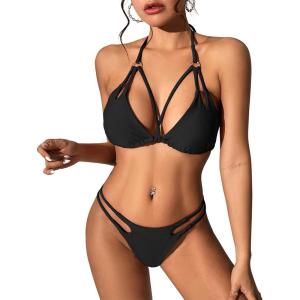 imageZando 2 Piece Sexy Bikinis for Women Halter Straps Crisscross Triangle Bikini Cheeky Brazilian Thong Bikini Bathing SuitBlack