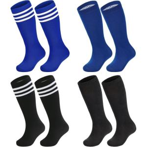 imageZando 4 Pairs Kids Soccer Socks Baseball Softball Socks Youth Athletic Socks Boys Girls Knee High SocksBlackBlack StripeBlueBlue Stripe