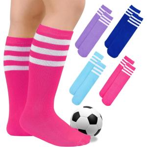 imageZando 4 Pairs Kids Soccer Socks Baseball Softball Socks Youth Athletic Socks Boys Girls Knee High SocksPink 2Blue 2