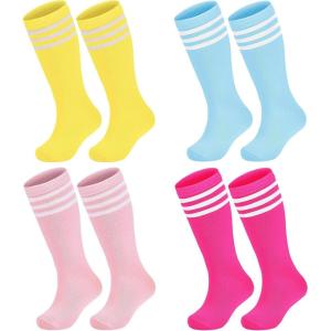 imageZando 4 Pairs Kids Soccer Socks Baseball Softball Socks Youth Athletic Socks Boys Girls Knee High SocksPink 2YellowBlue
