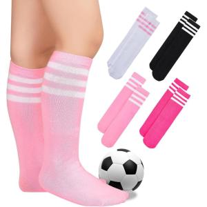 imageZando 4 Pairs Kids Soccer Socks Baseball Softball Socks Youth Athletic Socks Boys Girls Knee High SocksWhitePink 2Black