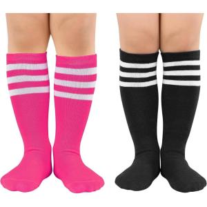 imageZando Toddler Soccer Socks Boys Girls Knee High Striped Tube Socks Kids School Uniform Dress Socks Athletic Long SocksB Black White  Pink White