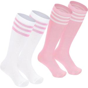 imageZando Toddler Soccer Socks Boys Girls Knee High Striped Tube Socks Kids School Uniform Dress Socks Athletic Long SocksB White Pink  White