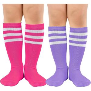 imageZando Toddler Soccer Socks Boys Girls Knee High Striped Tube Socks Kids School Uniform Dress Socks Athletic Long SocksLight Purple  Pink White
