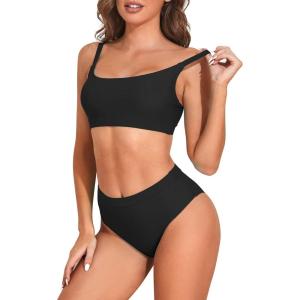 imageZando Women High Waisted Bikini Set Cute Bikinis for Teen Girl Sports Color Block Swimsuit 2 Piece High Cut Bathing SuitBlack