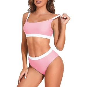 imageZando Women High Waisted Bikini Set Cute Bikinis for Teen Girl Sports Color Block Swimsuit 2 Piece High Cut Bathing SuitPink White Splice