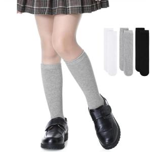 imageZando 3 Pairs Girls Knee High Socks Cotton School Uniform Socks Kids Soccer Socks Outdoor Long Tube Socks 314 YearsBlackWhiteGray