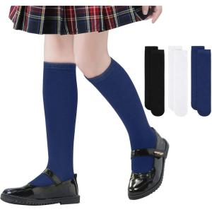 imageZando 3 Pairs Girls Knee High Socks Cotton School Uniform Socks Kids Soccer Socks Outdoor Long Tube Socks 314 YearsBlackWhiteNavy