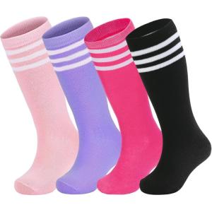 imageZando 4 Pairs Kids Soccer Youth Baseball Football Softball Socks Cotton Girls Uniform Socks Boys Knee High SocksPurpleBlackHot Pink 2