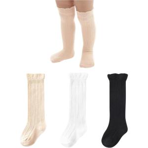 imageZando Baby Knee High Socks Infant Newborn Toddler Socks Cotton Ruffle Socks Warm Girls Boys Long Stockings 36 PairsMilkyPinkBlack