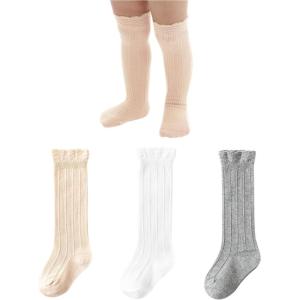 imageZando Baby Knee High Socks Infant Newborn Toddler Socks Cotton Ruffle Socks Warm Girls Boys Long Stockings 36 PairsPinkGrayMilky