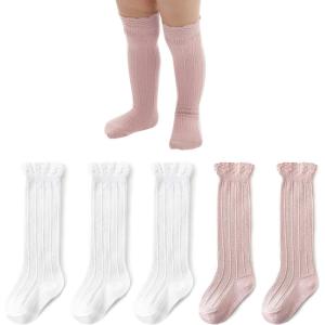 imageZando Baby Knee High Socks Infant Newborn Toddler Socks Cotton Ruffle Socks Warm Girls Boys Long Stockings 36 PairsRuffle Pink White 5pairs