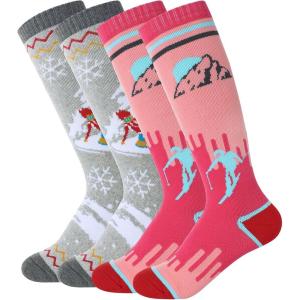 imageZando Kids Ski Socks Winter Warm Socks Thermal Hiking Snowboarding Socks Thick Boot Socks for Boys Girls 12 Pairs2 Pairs Light Grey  Pink