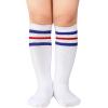 imageZando Kids Child Cotton Three Stripes Sport Soccer Team Socks Uniform Tube Cute Knee High Stocking for Boys GirlsL White Blue Red  2