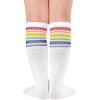 imageZando Kids Child Cotton Three Stripes Sport Soccer Team Socks Uniform Tube Cute Knee High Stocking for Boys GirlsWhite With Rainbow