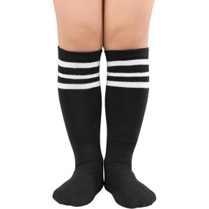 imageZando Kids Child Cotton Three Stripes Sport Soccer Team Socks Uniform Tube Cute Knee High Stocking for Boys Girls1 Pack Black White