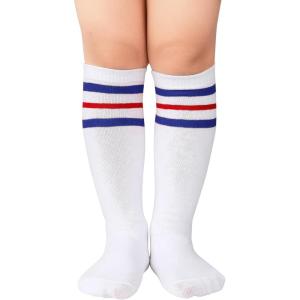 imageZando Kids Child Cotton Three Stripes Sport Soccer Team Socks Uniform Tube Cute Knee High Stocking for Boys GirlsB White W Blue W Red
