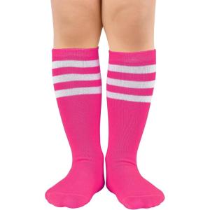 imageZando Kids Child Cotton Three Stripes Sport Soccer Team Socks Uniform Tube Cute Knee High Stocking for Boys GirlsD Hot Pink
