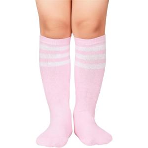 imageZando Kids Child Cotton Three Stripes Sport Soccer Team Socks Uniform Tube Cute Knee High Stocking for Boys GirlsD Pink W White