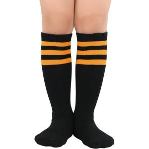imageZando Kids Child Cotton Three Stripes Sport Soccer Team Socks Uniform Tube Cute Knee High Stocking for Boys GirlsK Black Orange Striped