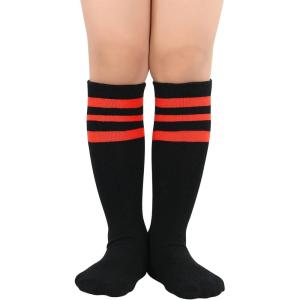imageZando Kids Child Cotton Three Stripes Sport Soccer Team Socks Uniform Tube Cute Knee High Stocking for Boys GirlsK Black Red