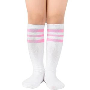 imageZando Kids Child Cotton Three Stripes Sport Soccer Team Socks Uniform Tube Cute Knee High Stocking for Boys GirlsK White Pink