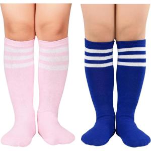 imageZando Kids Child Cotton Three Stripes Sport Soccer Team Socks Uniform Tube Cute Knee High Stocking for Boys GirlsL Blue White  Pink White