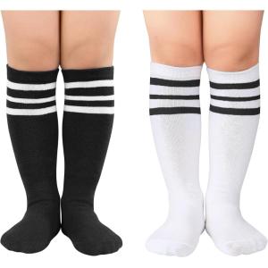 imageZando Kids Child Cotton Three Stripes Sport Soccer Team Socks Uniform Tube Cute Knee High Stocking for Boys GirlsL White Black  Black White
