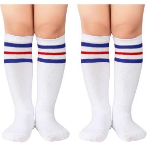 imageZando Kids Child Cotton Three Stripes Sport Soccer Team Socks Uniform Tube Cute Knee High Stocking for Boys GirlsL White Blue Red  2
