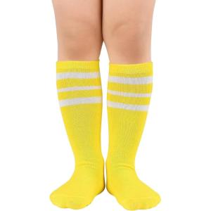 imageZando Kids Child Cotton Three Stripes Sport Soccer Team Socks Uniform Tube Cute Knee High Stocking for Boys GirlsYellow White Striped
