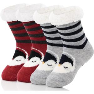 imageZando Kids Fuzzy Socks with Grips Toddler Slipper Socks Baby Christmas Socks Boys Girls Winter Socks Cozy Socks for KidsBlack Penguin Red Penguin