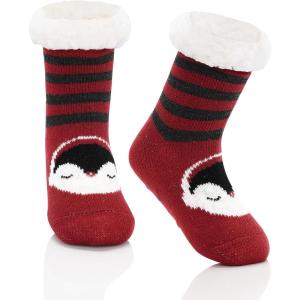 imageZando Kids Fuzzy Socks with Grips Toddler Slipper Socks Baby Christmas Socks Boys Girls Winter Socks Cozy Socks for KidsRed Penguin