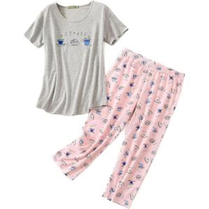 imageZando Pajamas for Women 2 Piece Lounge Sets Cartoon Pajama Set Sleep Matching Sets with Pants Capri PJS Print Sleepwear02 Grey Pink Cups