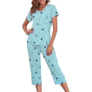 imageZando Pajamas for Women 2 Piece Lounge Sets Cartoon Pajama Set Sleep Matching Sets with Pants Capri PJS Print SleepwearA Green Stars