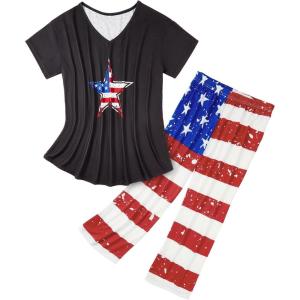 imageZando Pajamas for Women 2 Piece Lounge Sets Cartoon Pajama Set Sleep Matching Sets with Pants Capri PJS Print SleepwearAmerican Flag