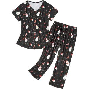 imageZando Pajamas for Women 2 Piece Lounge Sets Cartoon Pajama Set Sleep Matching Sets with Pants Capri PJS Print SleepwearBlack Bottom Man