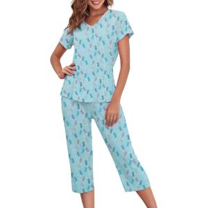 imageZando Pajamas for Women 2 Piece Lounge Sets Cartoon Pajama Set Sleep Matching Sets with Pants Capri PJS Print SleepwearBlue Butterfly
