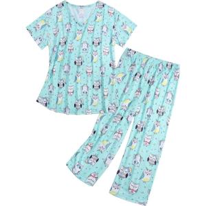 imageZando Pajamas for Women 2 Piece Lounge Sets Cartoon Pajama Set Sleep Matching Sets with Pants Capri PJS Print SleepwearBlue Green Owl