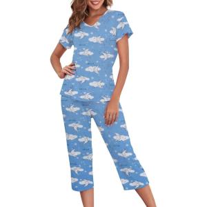 imageZando Pajamas for Women 2 Piece Lounge Sets Cartoon Pajama Set Sleep Matching Sets with Pants Capri PJS Print SleepwearBlue Moon