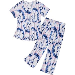imageZando Pajamas for Women 2 Piece Lounge Sets Cartoon Pajama Set Sleep Matching Sets with Pants Capri PJS Print SleepwearBlue Pink