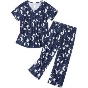 imageZando Pajamas for Women 2 Piece Lounge Sets Cartoon Pajama Set Sleep Matching Sets with Pants Capri PJS Print SleepwearBlue White Star Moon