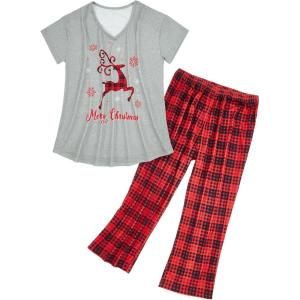 imageZando Pajamas for Women 2 Piece Lounge Sets Cartoon Pajama Set Sleep Matching Sets with Pants Capri PJS Print SleepwearCheckered Deer