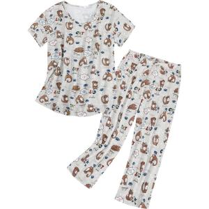 imageZando Pajamas for Women 2 Piece Lounge Sets Cartoon Pajama Set Sleep Matching Sets with Pants Capri PJS Print SleepwearCoffee Cat