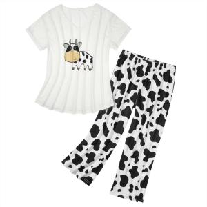 imageZando Pajamas for Women 2 Piece Lounge Sets Cartoon Pajama Set Sleep Matching Sets with Pants Capri PJS Print SleepwearCow Print
