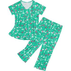 imageZando Pajamas for Women 2 Piece Lounge Sets Cartoon Pajama Set Sleep Matching Sets with Pants Capri PJS Print SleepwearFlamingo on Green